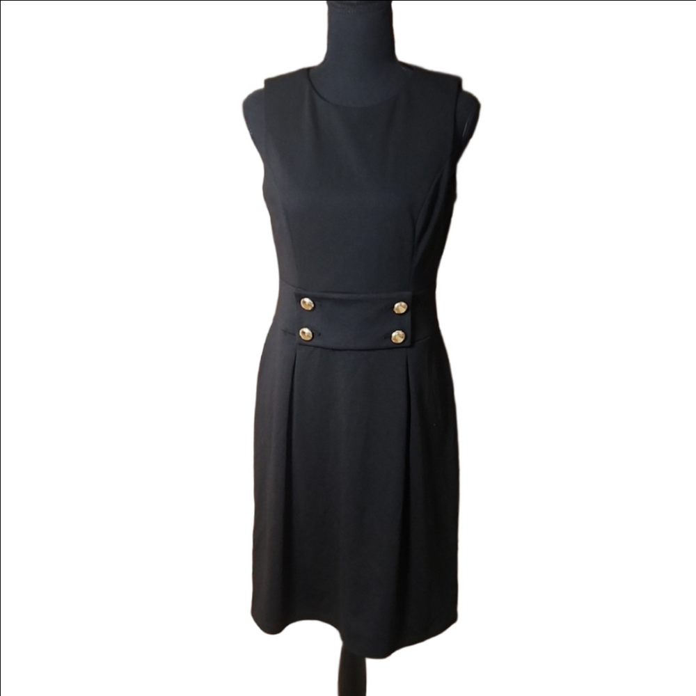 Calvin Klein Black Sleeveless Dress with Gold Button Accents, Size 6